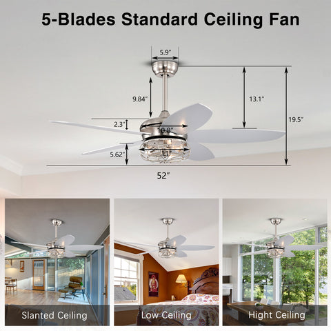 Misty Valley 52in. Industrial Brush Nickel Ceiling Fans with Light,Remote Control Ceiling Fan with for Living Room