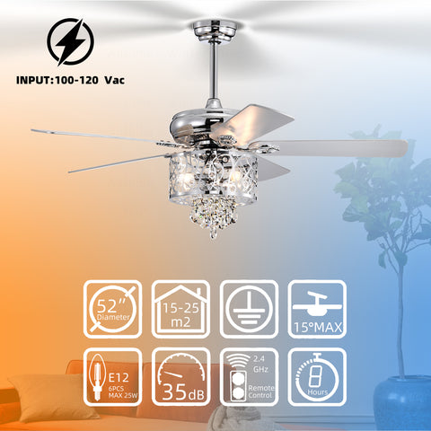 Misty Valley 52in. Modern Chrome Crystal Reversible Ceiling Fan with Light Remote Control, for Living Room,Bedroom