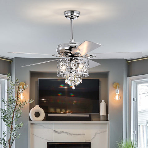 Misty Valley 52in. Modern Chrome Crystal Reversible Ceiling Fan with Light Remote Control, for Living Room,Bedroom