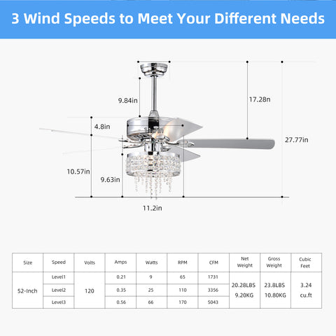 Misty Valley 52in. Modern Glam Crystal Reversible Ceiling Fan with Light for Living Room