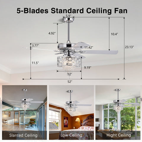 Misty Valley 52in. Modern Glam Chrome Crystal Reversible Ceiling Fan with Light,Remote Control Ceiling Fan for Living Room