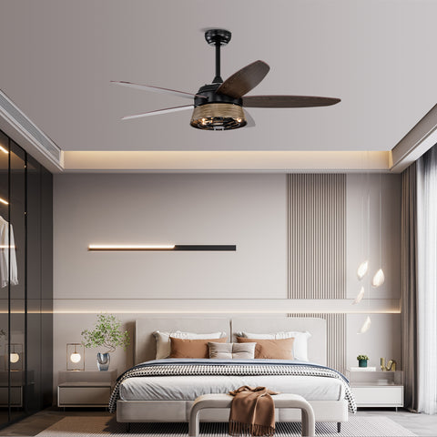 Misty Valley 52in. Modern Industrial Black Ceiling Fan with Remote, Wood Ceiling Fan for Patio Living Room