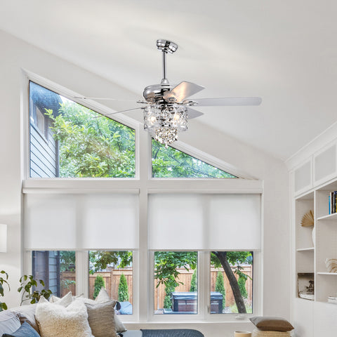 Misty Valley 52in. Modern Chrome Crystal Reversible Ceiling Fan with Light Remote Control, for Living Room,Bedroom