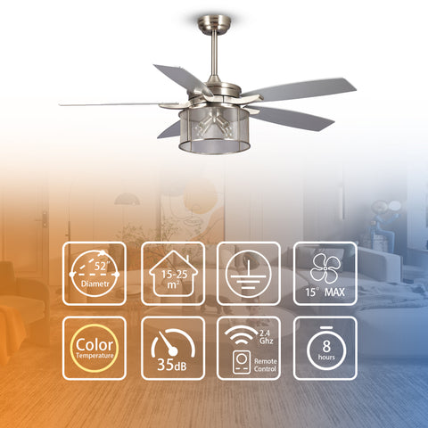 Misty Valley 52in. Modern Glam Brushed Nickel Crystal Ceiling Fan with Light Kit and Remote Control