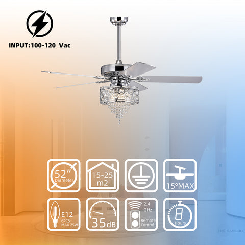 Misty Valley 52in. Modern Glam Chrome Crystal Reversible Ceiling Fan with Light,Remote Control Ceiling Fan for Living Room