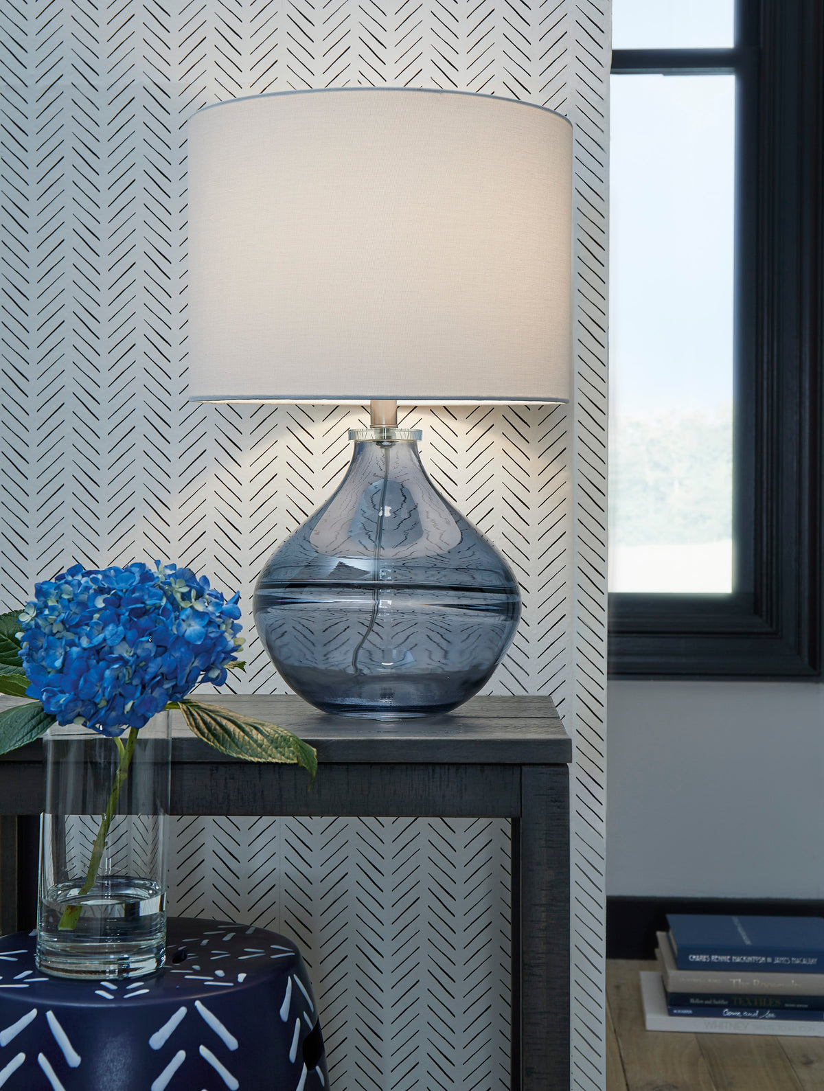 Misty Valley Lemmitt Art Glass With Crystal Drum Navy Contemporary Table Lamp
