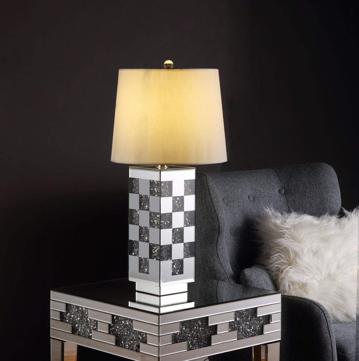 Misty Valley Noralie Modern Drun Shaped Table Lamp, Mirrored & Faux Diamonds