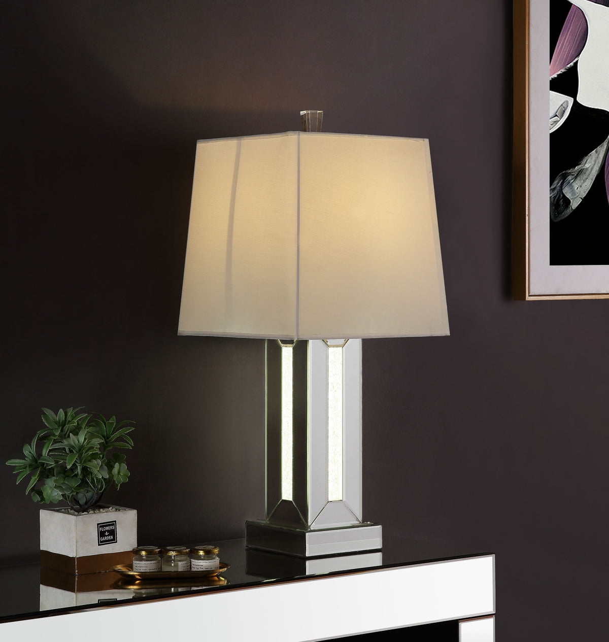 Misty Valley Noralie Modern Glam Classic Drum Shaped Shade Table Lamp, Mirrored & Faux Stones