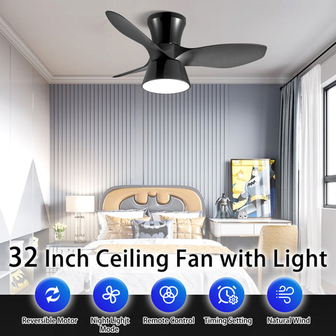 Misty Valley 32in. Modern Black Flush Mount Ceiling Fan with Light,Low Profile Ceiling Fan for Bedroom