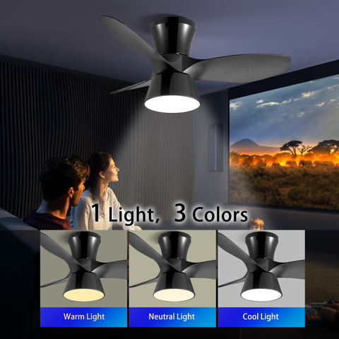 Misty Valley 32in. Modern Black Flush Mount Ceiling Fan with Light,Low Profile Ceiling Fan for Bedroom