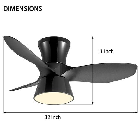 Misty Valley 32in. Modern Black Flush Mount Ceiling Fan with Light,Low Profile Ceiling Fan for Bedroom