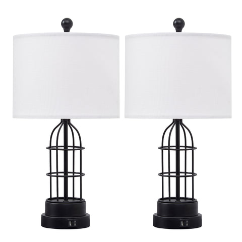 Misty Valley Modern Industial Cage Style Matte Black Metal USB Table Lamp (Set of 2)