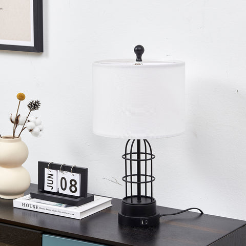 Misty Valley Modern Industial Cage Style Matte Black Metal USB Table Lamp (Set of 2)