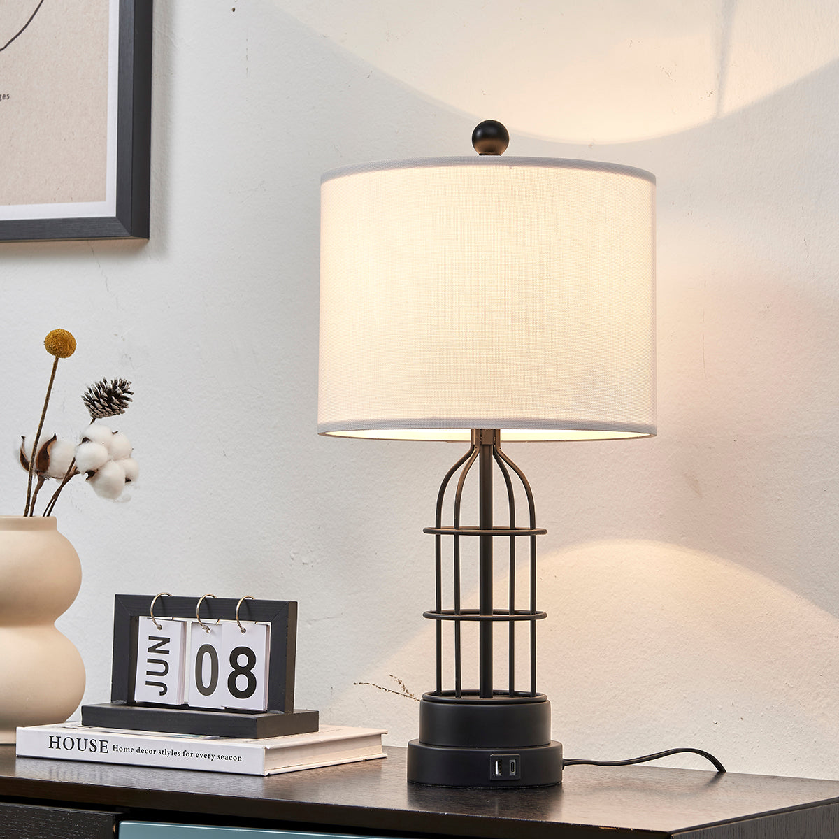 Misty Valley Modern Industial Cage Style Matte Black Metal USB Table Lamp (Set of 2)