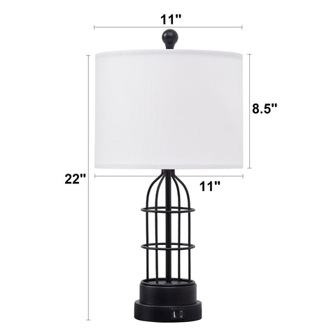Misty Valley Modern Industial Cage Style Matte Black Metal USB Table Lamp (Set of 2)