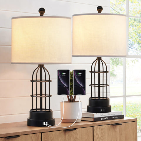 Misty Valley Modern Industial Cage Style Matte Black Metal USB Table Lamp (Set of 2)