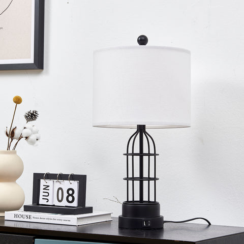Misty Valley Modern Industial Cage Style Matte Black Metal USB Table Lamp (Set of 2)