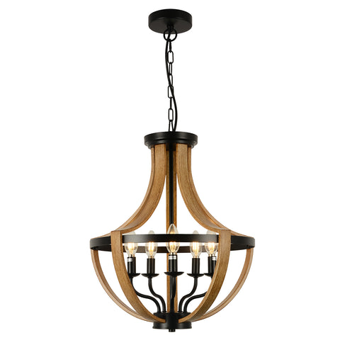 Misty Valley 5-Light Faux Wood Farmhouse Chandelier, Mid-Century Pendant Ceiling Light for Living Room