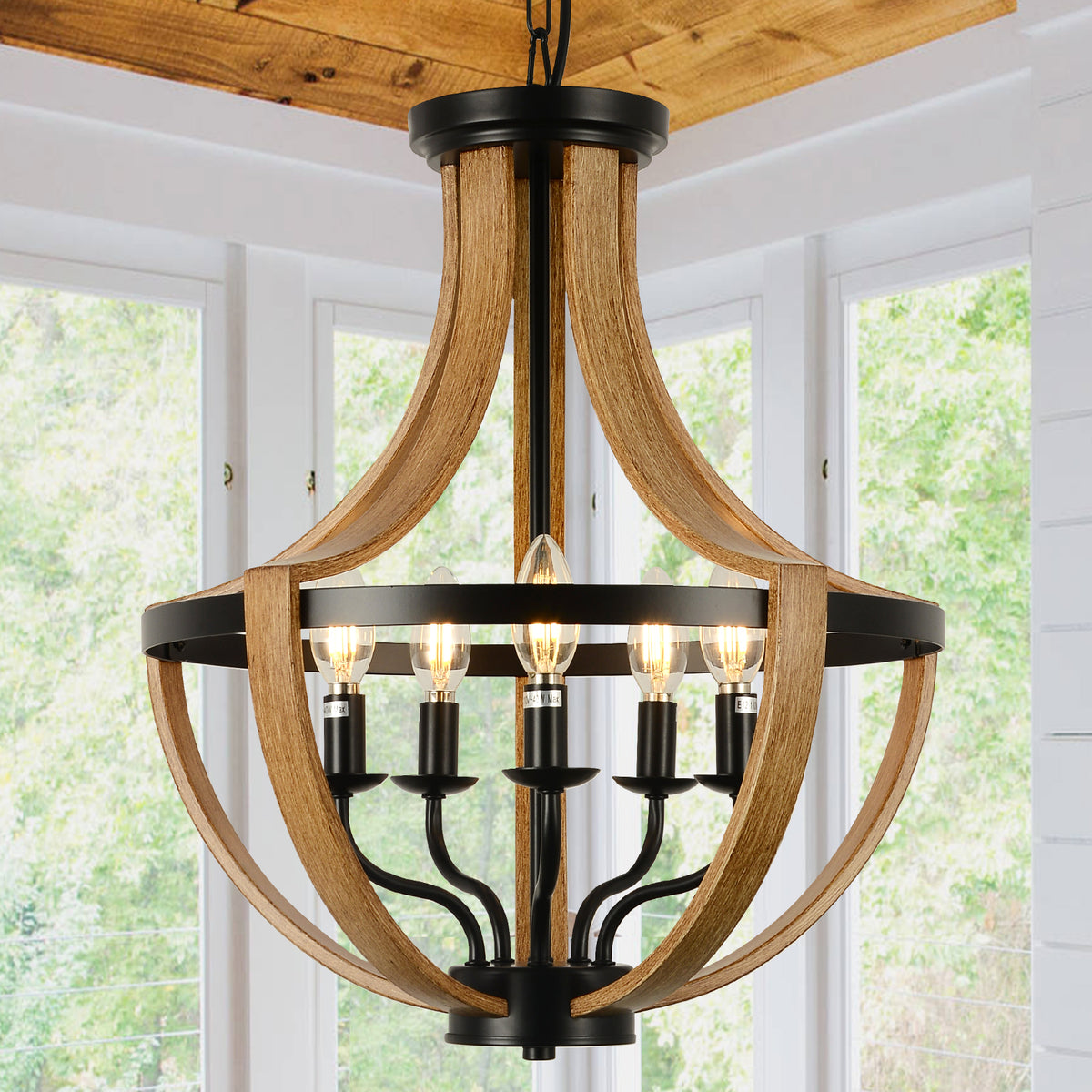 Misty Valley 5-Light Faux Wood Farmhouse Chandelier, Mid-Century Pendant Ceiling Light for Living Room