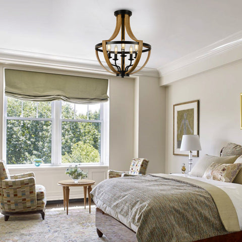 Misty Valley 5-Light Faux Wood Farmhouse Chandelier, Mid-Century Pendant Ceiling Light for Living Room