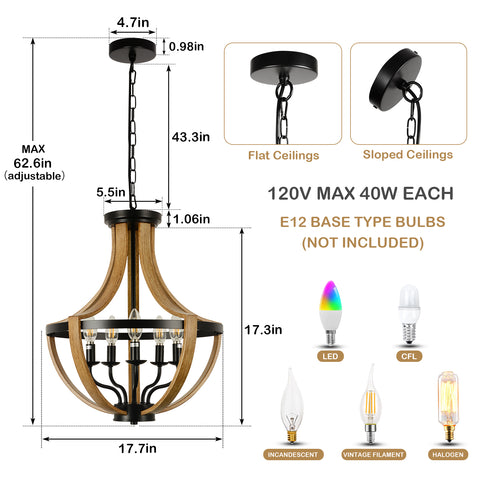 Misty Valley 5-Light Faux Wood Farmhouse Chandelier, Mid-Century Pendant Ceiling Light for Living Room