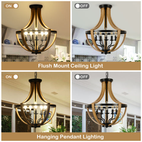 Misty Valley 5-Light Faux Wood Farmhouse Chandelier, Mid-Century Pendant Ceiling Light for Living Room