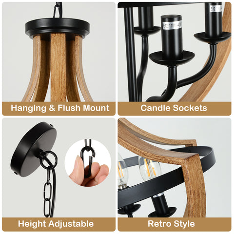 Misty Valley 5-Light Faux Wood Farmhouse Chandelier, Mid-Century Pendant Ceiling Light for Living Room