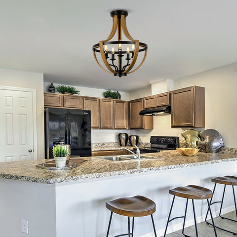 Misty Valley 5-Light Faux Wood Farmhouse Chandelier, Mid-Century Pendant Ceiling Light for Living Room